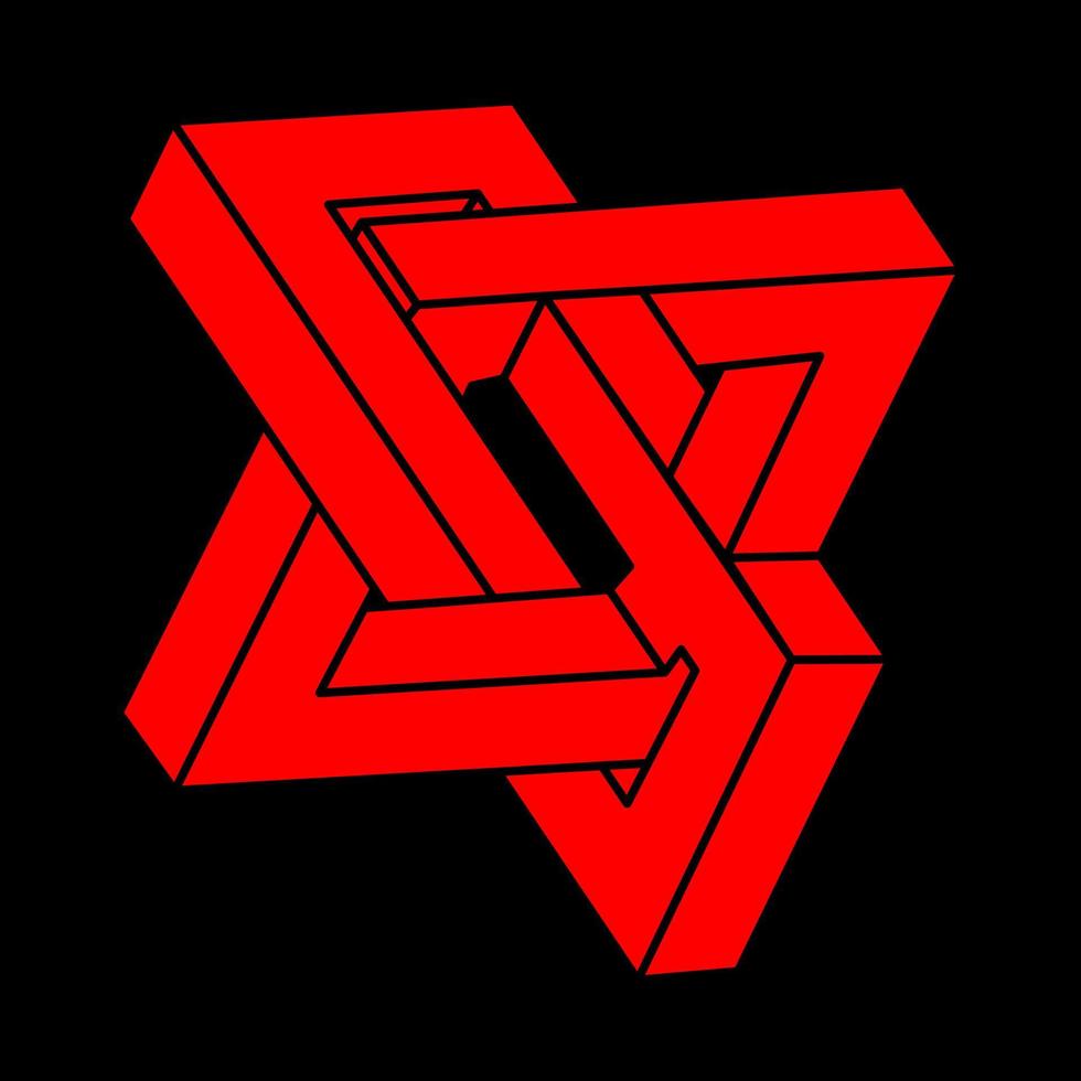 Impossible shapes. Sacred geometry. Optical illusion logo. Abstract eternal geometric object. Optical art. Impossible geometry symbol on a black background. Line art. vector