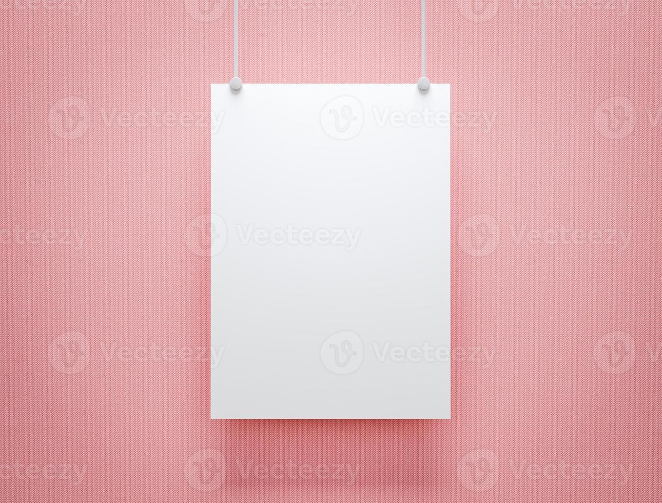 3D illustration. Mockup of a blank white hanging poster on pink photo