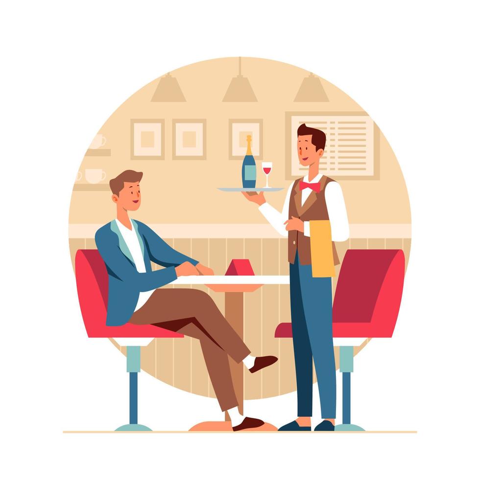 Man and Waiter in Restaurant vector