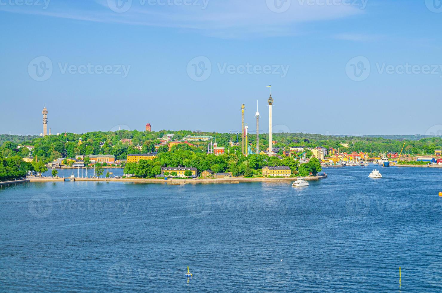 Aerial panoramic view of Djurgarden island and Tivoli carousel amusement attractions Grona Lund Luna Park photo