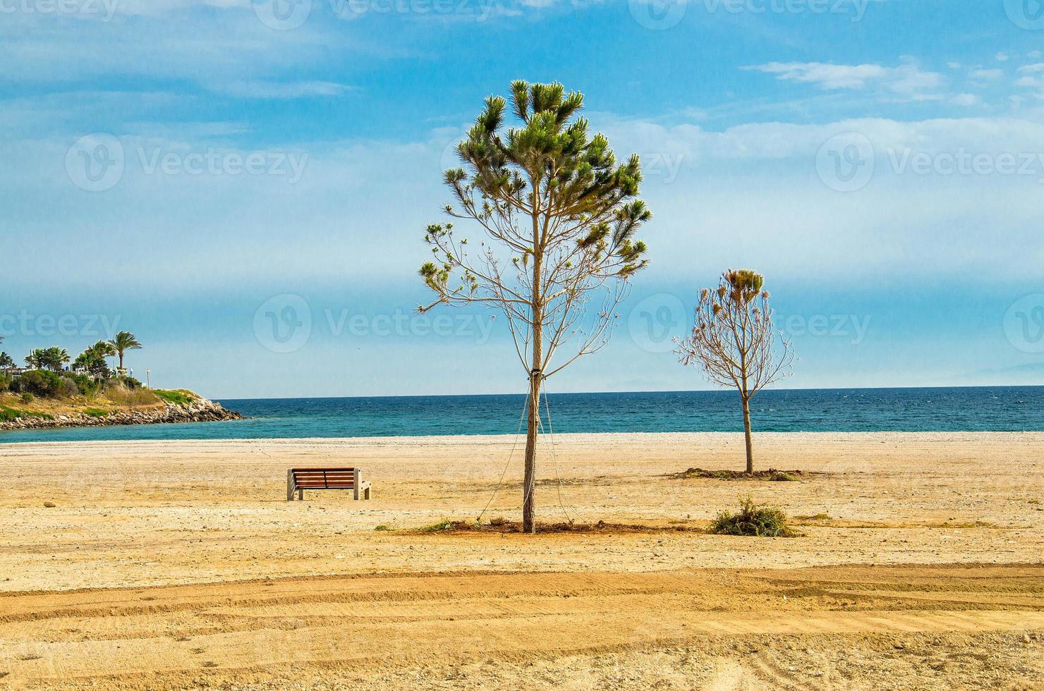 Sandy beach with trees and bench on shore of gulf in Athens, Greece photo