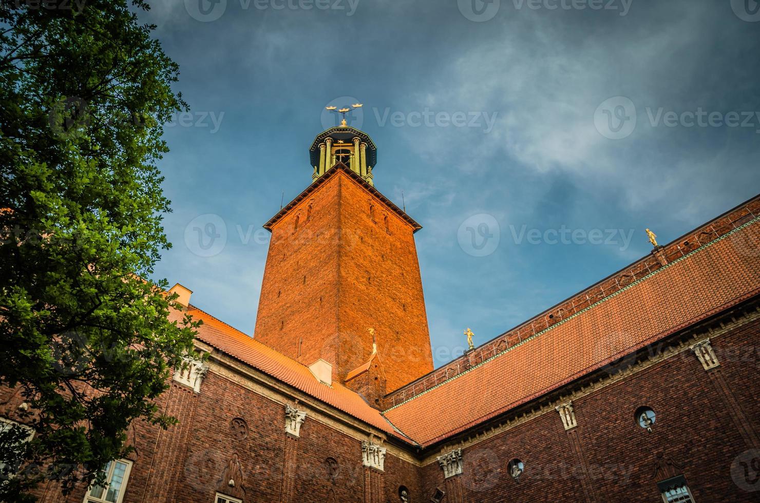 Stockholm City Hall Stadshuset tower at sunset, dusk, Sweden photo