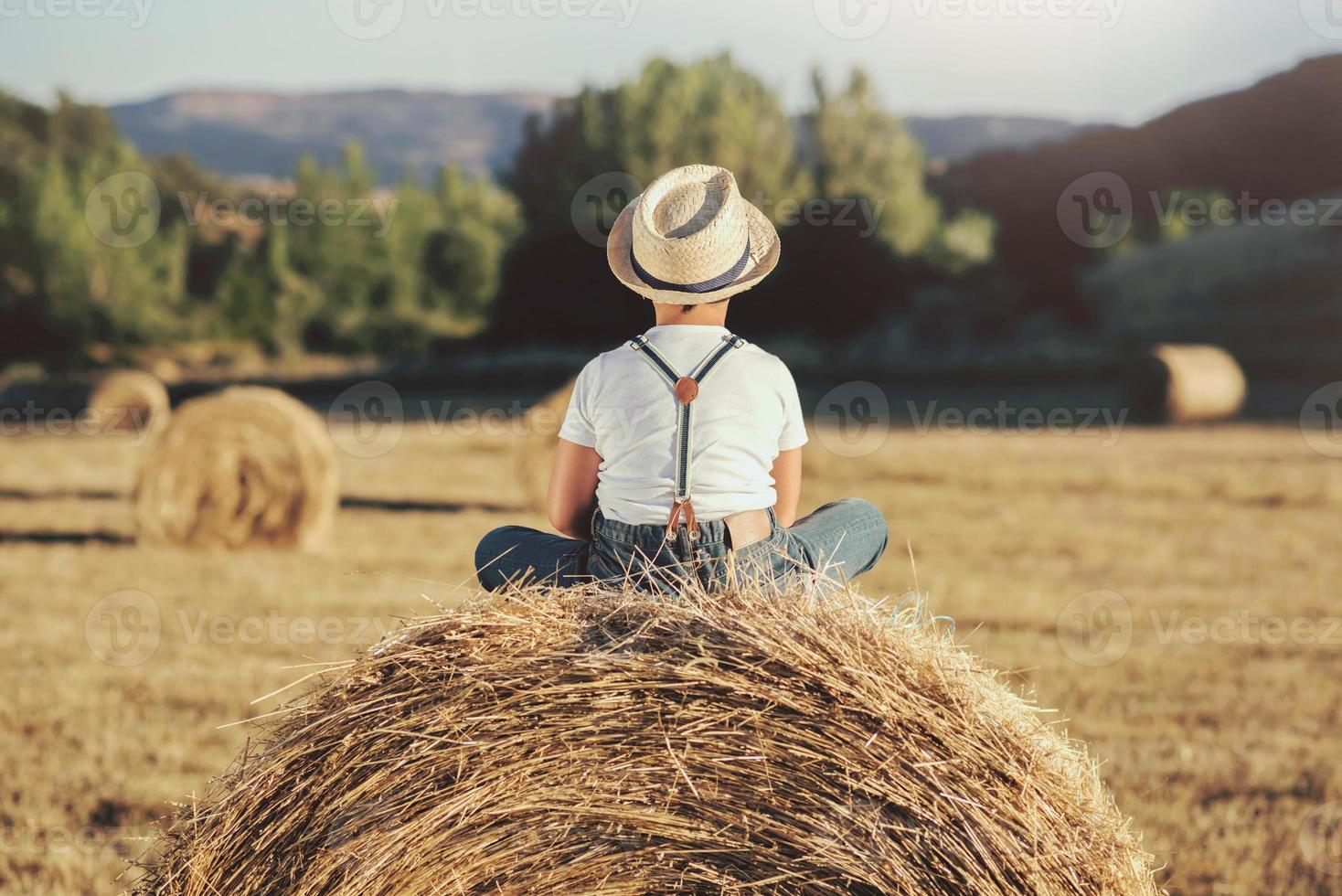 Pensive boy in the straw field photo