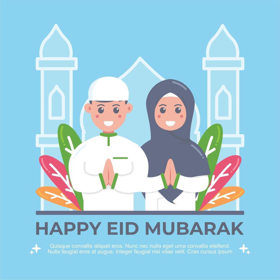Cute girl and boy moslem celebrating eid mubarak vector