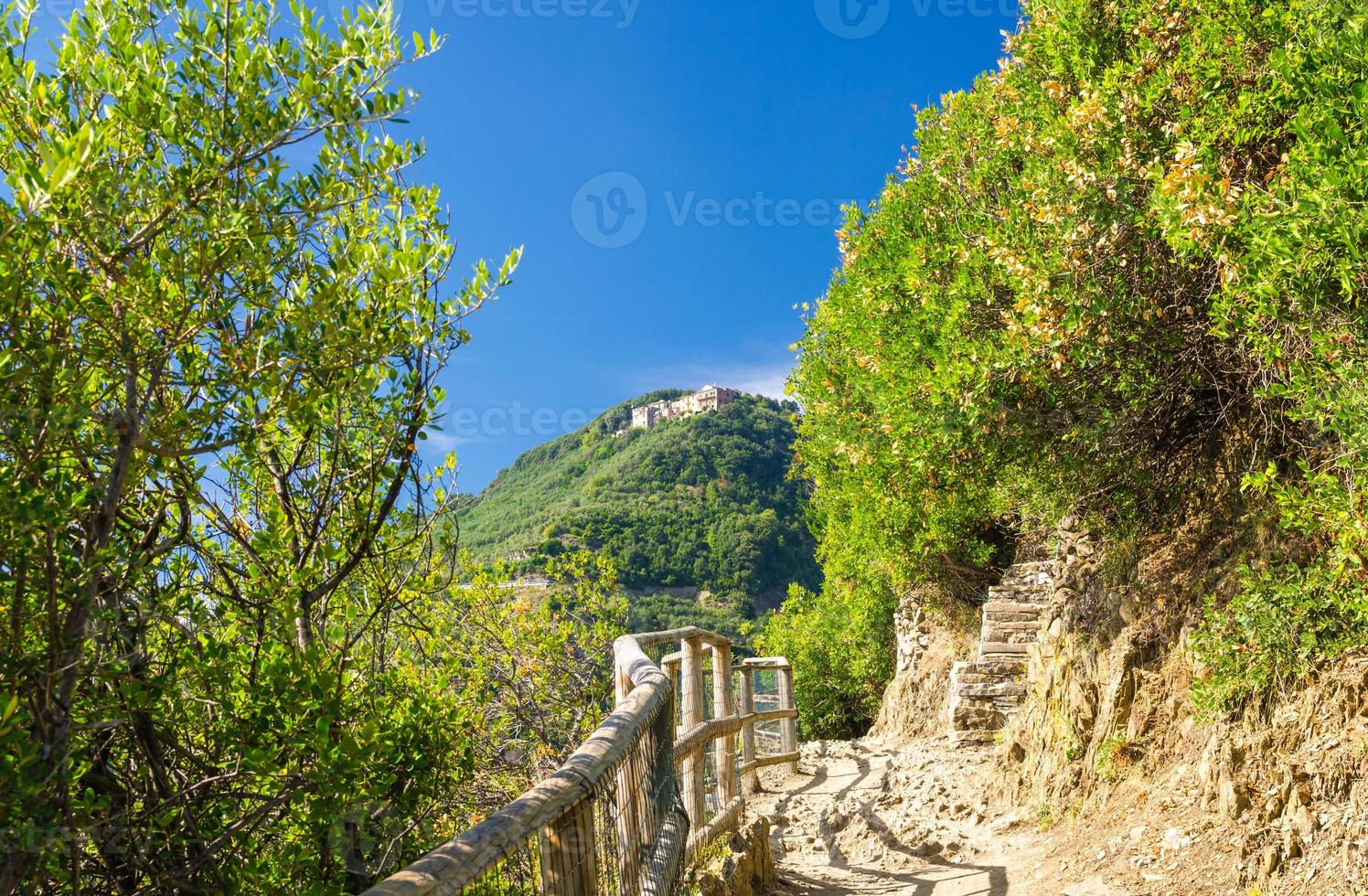 Pedestrian hiking stone path trail with railing between Corniglia and Vernazza villages with green trees photo