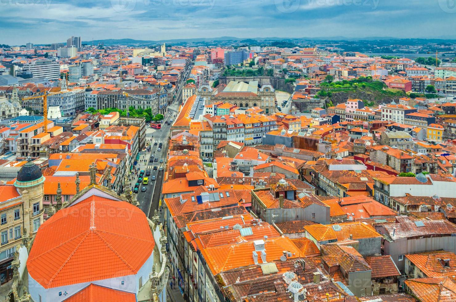 Aerial panoramic view of Porto Oporto city historical centre with red tiled roof typical buildings photo