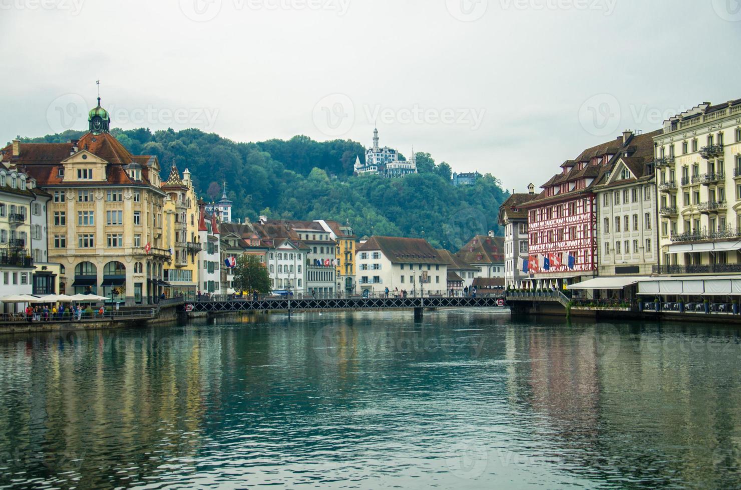 Reuss river from wooden Chapel Bridge, Luzern, Switzerland photo