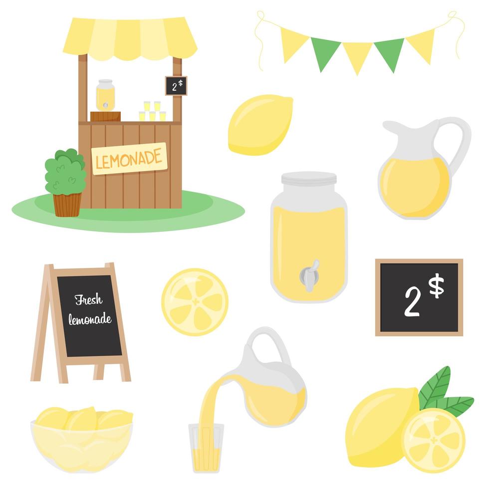 set de verano vendiendo limonada. puesto de limonada, empresa nueva, bebidas refrescantes vector