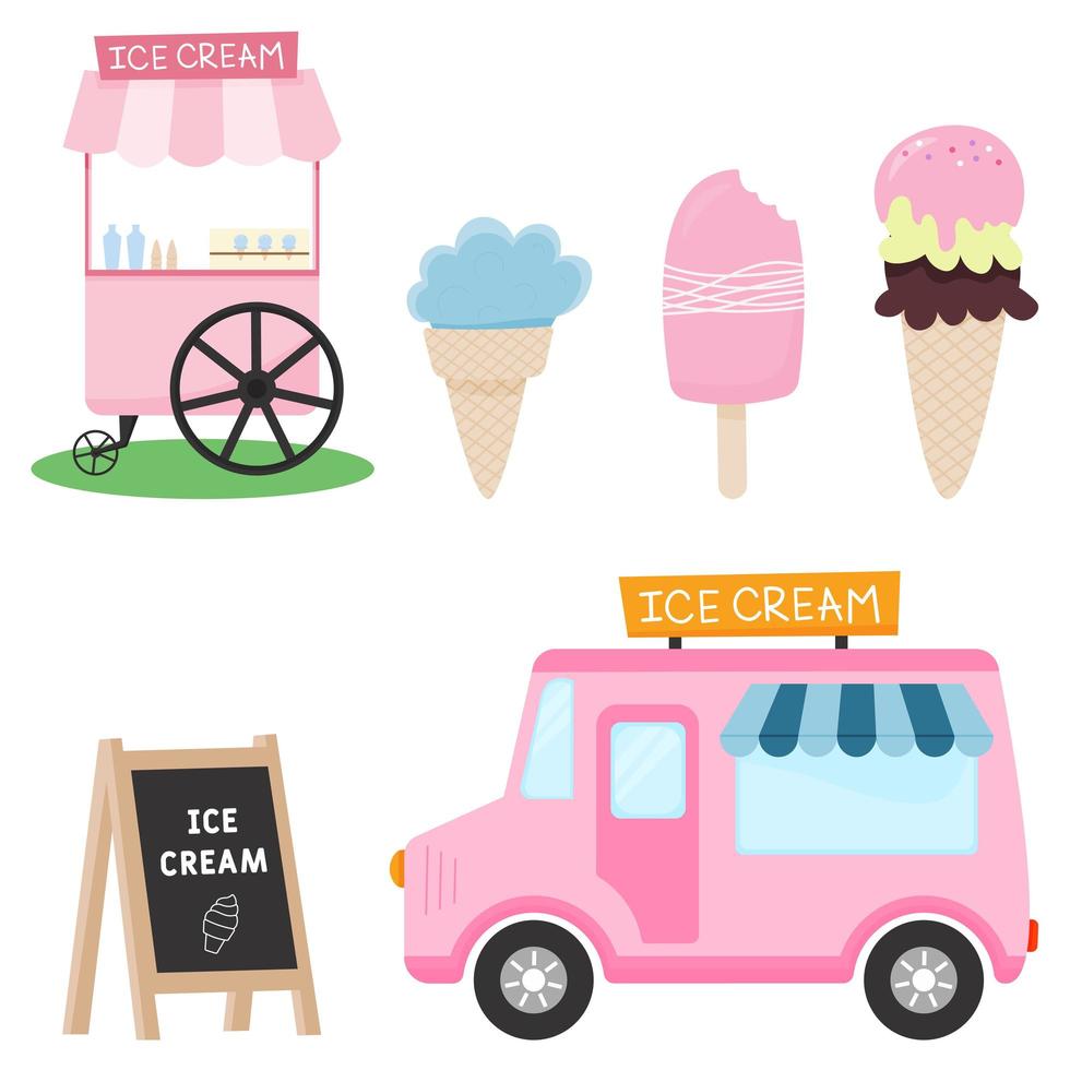 conjunto vectorial de objetos de helado. camión de helados, carro de helados, venta de helados, pizarra plana negra vector