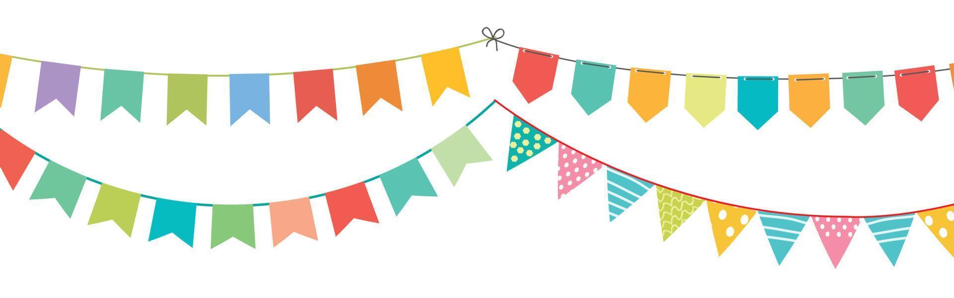 Vector set of decorative party pennants with different sizes and lengths. Celebrate flags. Rainbow garland. Birthday decoration. Hanging colored flags.