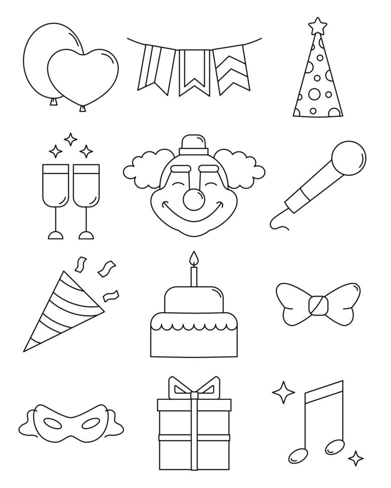 A set of festive linear icons. Vector illustration isolated on white background. Symbols of celebration - balloons, garland, clown, birthday cake and others