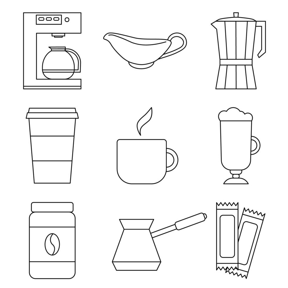 juego de café iconos lineales. ilustración vectorial aislado sobre fondo blanco. símbolo de cafetera, crema de leche, tetera, cafetera turca y lata de café. vector