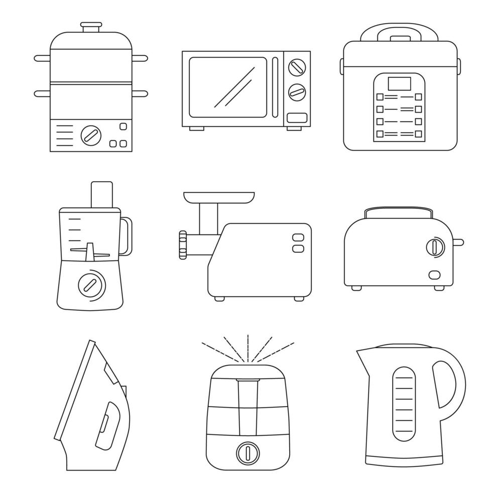 Small appliances for kitchen and home. Household tools outline icons isolated on white background. Vector illustration of food preparation equipment