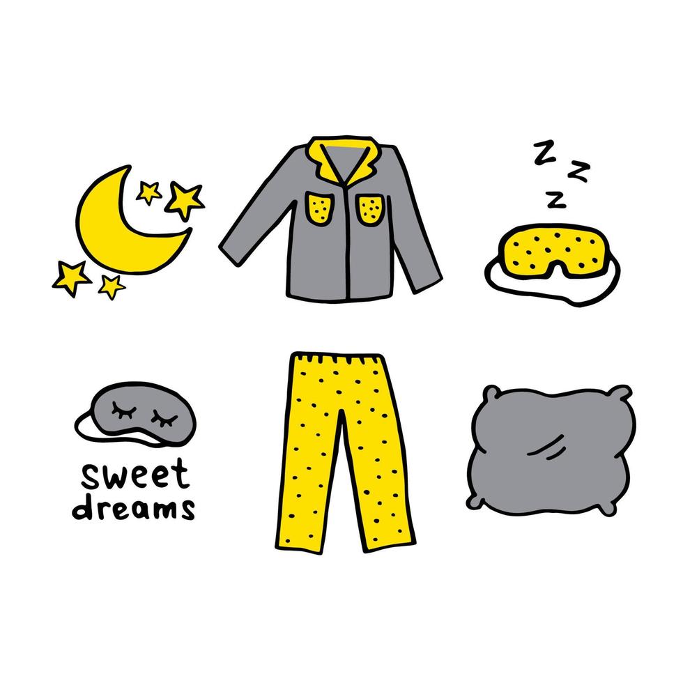 Sleep routines set with text. Vector cozy illustration in doodle style isolated on white background