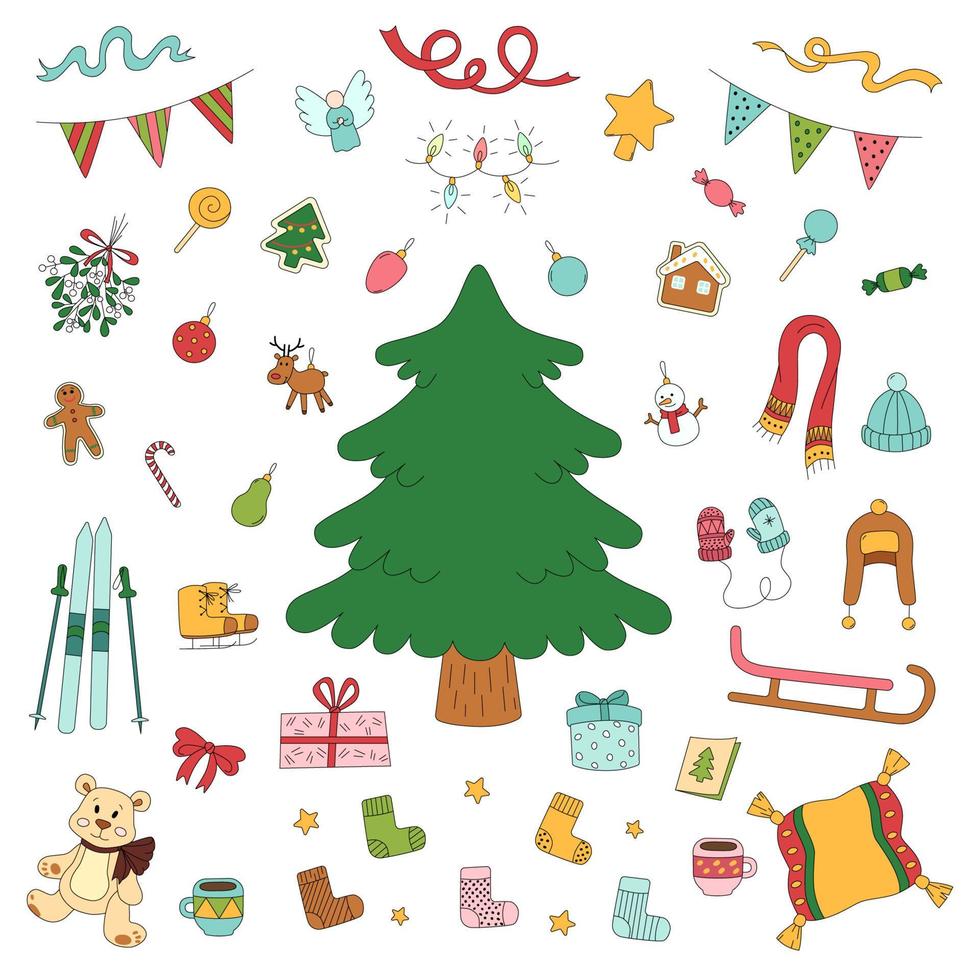 Color christmas set in doodle style. Vector illustration isolated on white background. Festive signs for stickers, gift cards or web. New year collection for kids. Winter icons