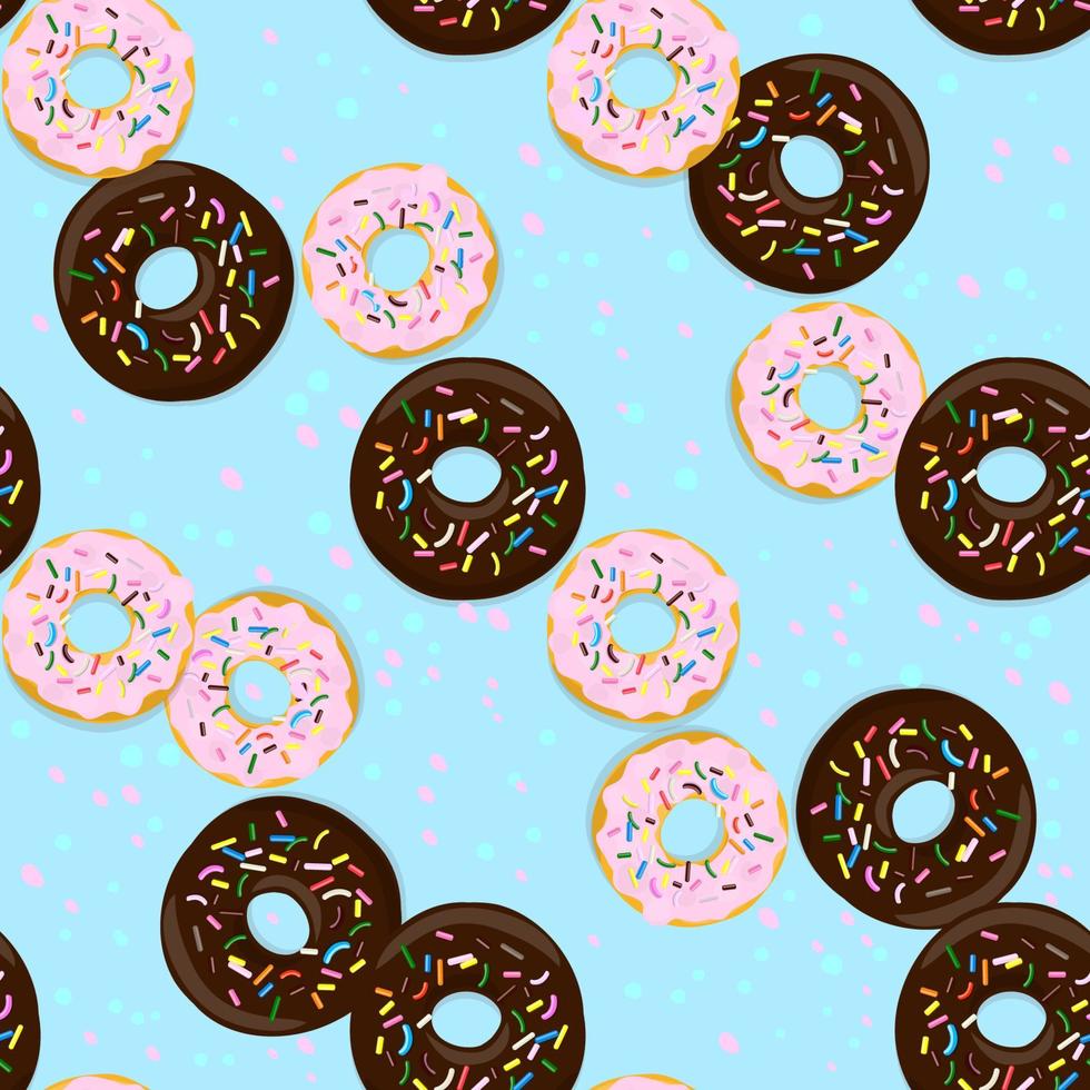 Vector seamless pattern illustration of donuts in chocolate and pink glaze on a blue background.