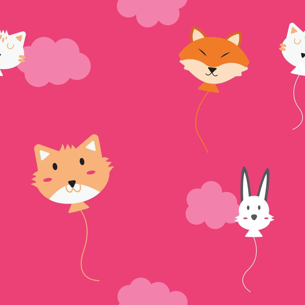 cute fox and cat balloon in pink background seamless pattern for print or fabric vector