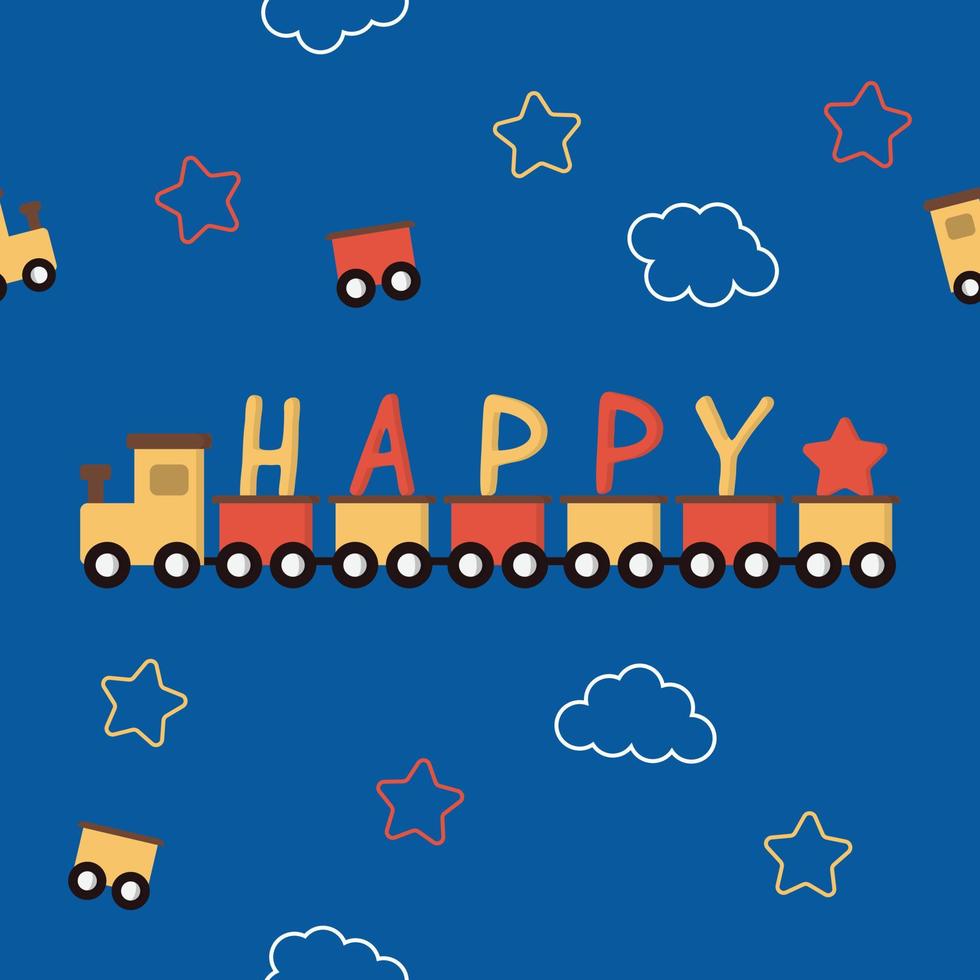 cute train with happy word in blue background seamless pattern to print for fabric vector