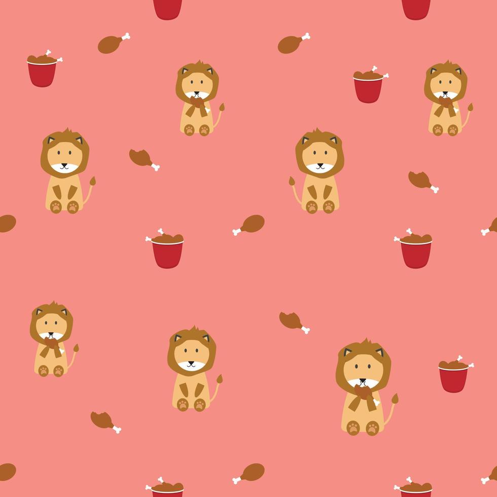 cute lion eating yummy chicken in pink background seamless pattern for print or fabric vector
