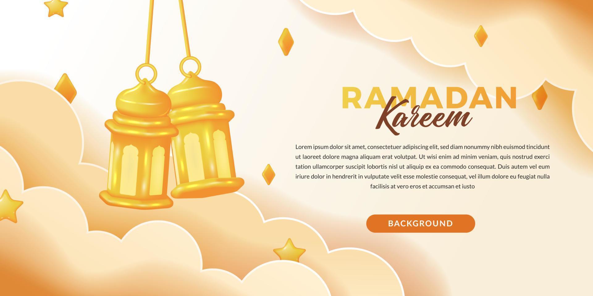 Ramadan kareem concept. banner header with 3d cute golden fanous arabic lantern for islamic event with cloud and light color vector