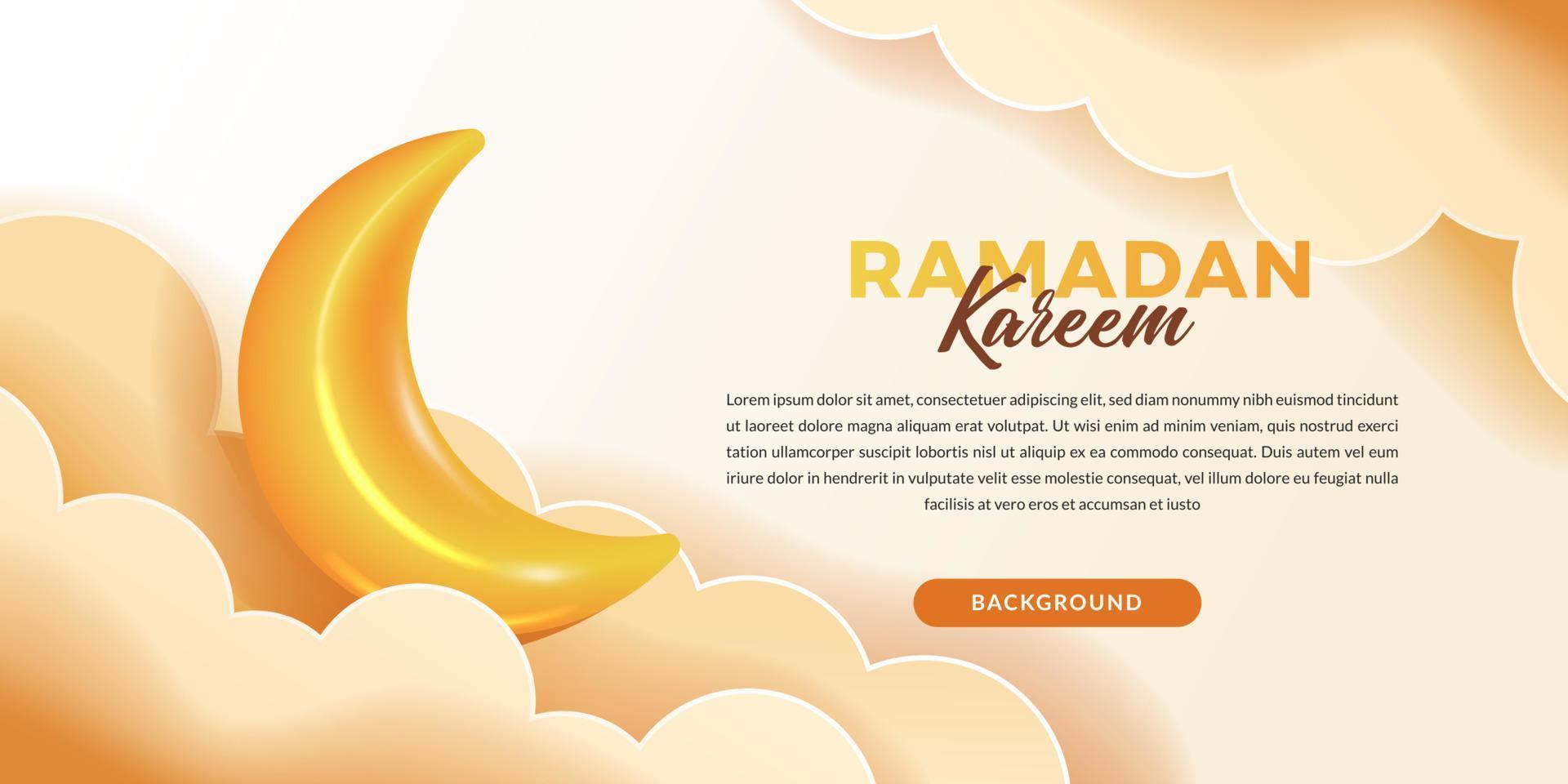 Ramadan kareem concept. banner header with 3d cute moon crescent for islamic event with cloud and light color vector