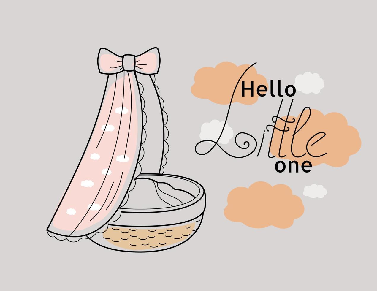 hello Little One nursery poster. Printable art for kids. Baby girl illustration in pinkdoodle hand drawn Cartoon sketch style for icon, banner. vector