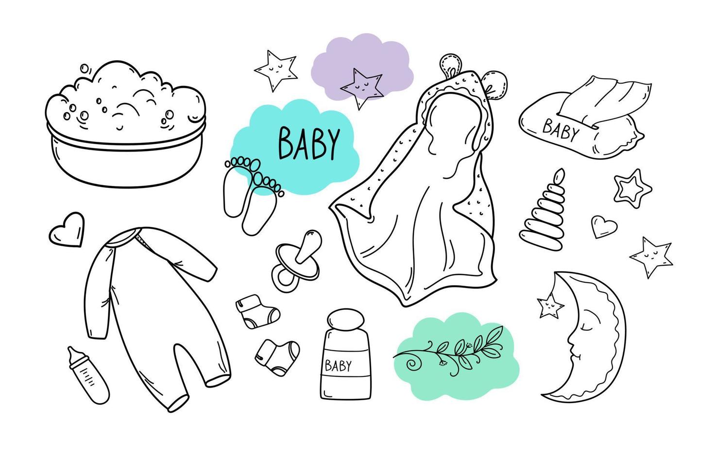 Set of hand drawn baby batching. Cartoon sketch style doodle for icon, banner. Elements little baby clothes. vector