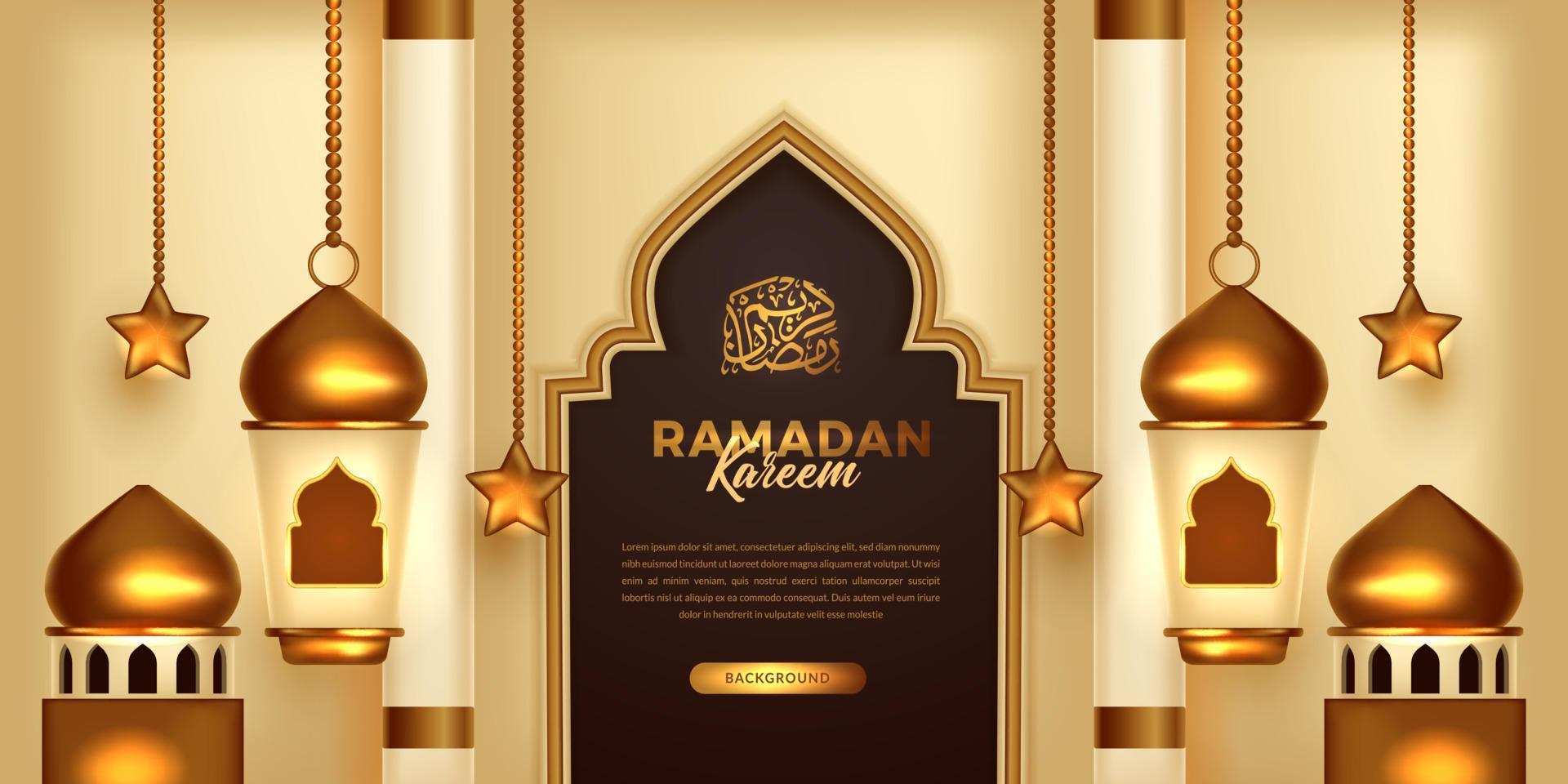 ramadan mubarak kareem banner with 3d golden dome mosque with hanging lantern and star with arabic calligraphy vector