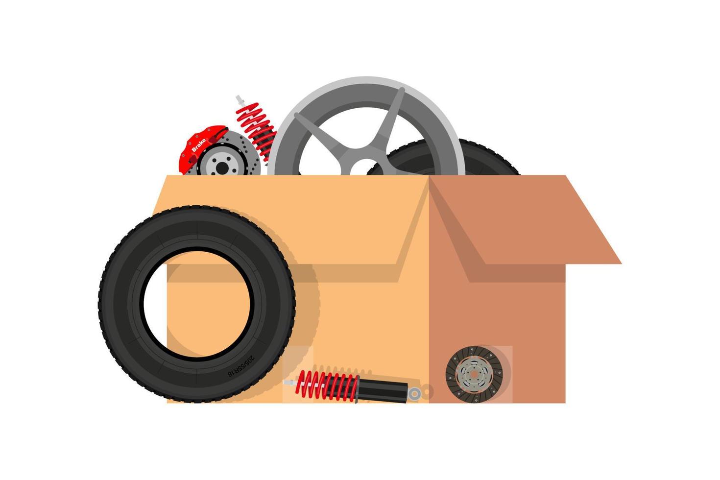 Auto parts in box. Vector illustration in flat desig