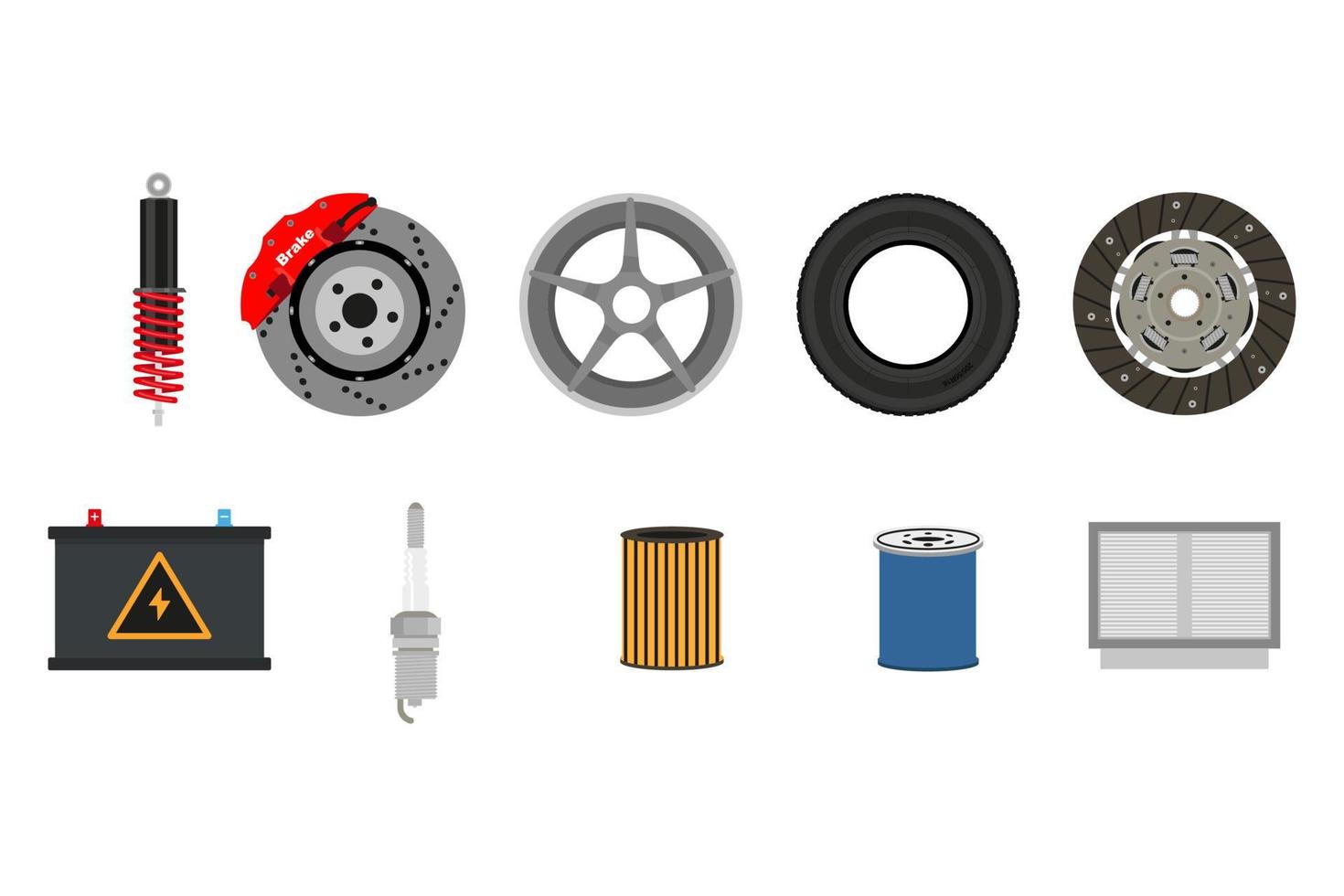 Auto parts. Shock absorber, disc brake, disc, tire, clutch disc, battery, glow plug, air filter, oil filter, cabin filter. Vector illustratio