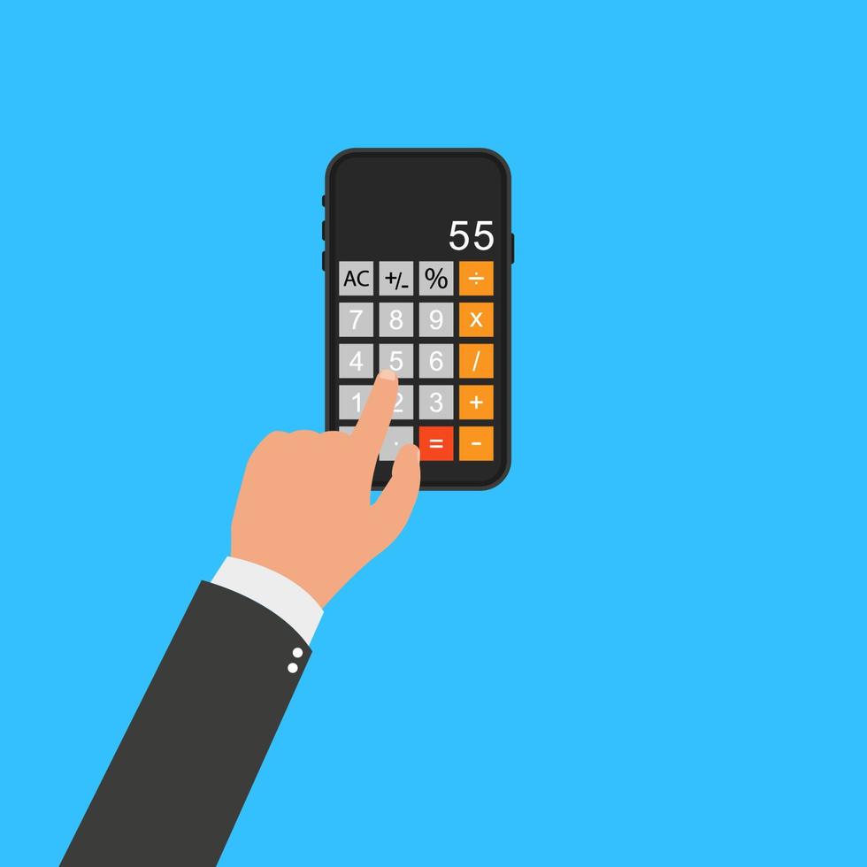 Businessman uses a calculator. Finger touch button. Top view vector illustration