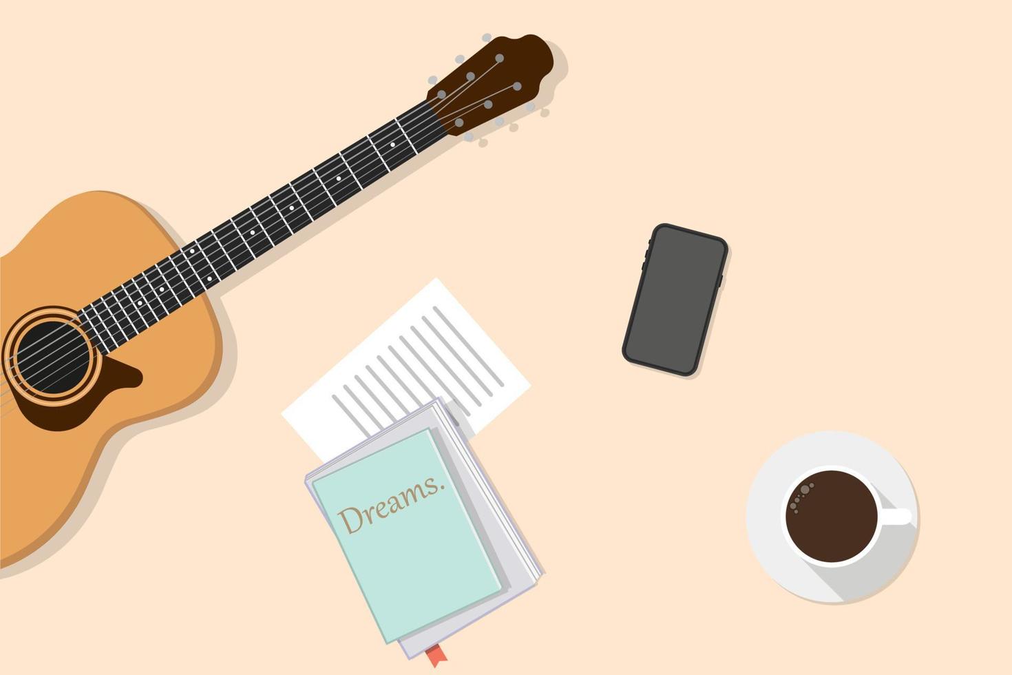 Background for musicant. Illustration of guitars, notebook, cup a coffee and phone. Vector top view