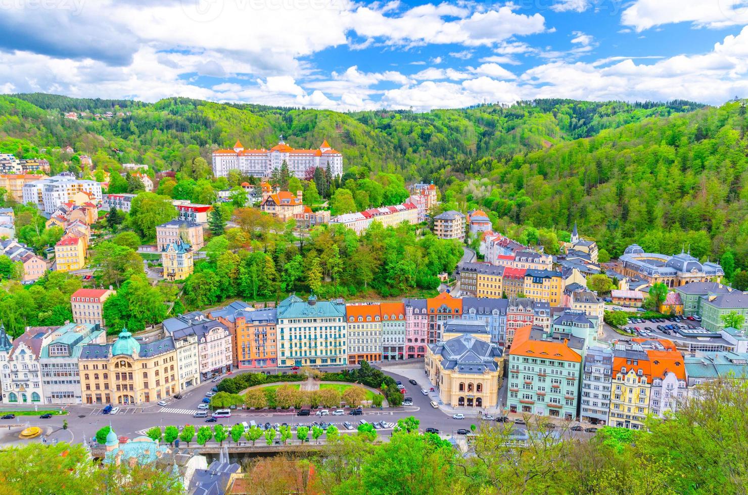 Top aerial panoramic view of Karlovy Vary photo