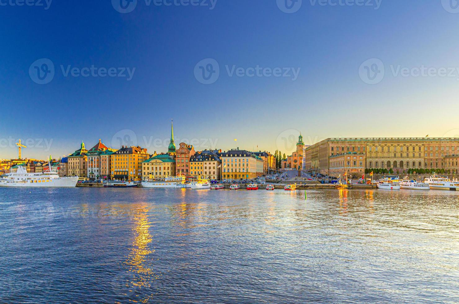 Panorama of Old town Gamla Stan historical centre with colorful buildings and Royal Palace facade Stockholm slott photo