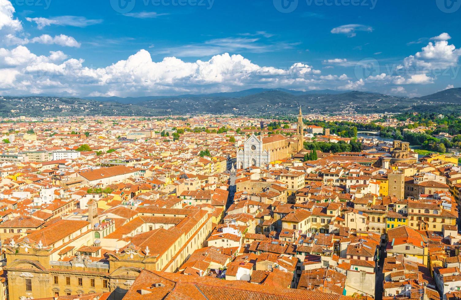 Top aerial panoramic view of Florence city historical centre, Basilica di Santa Croce di Firenze photo