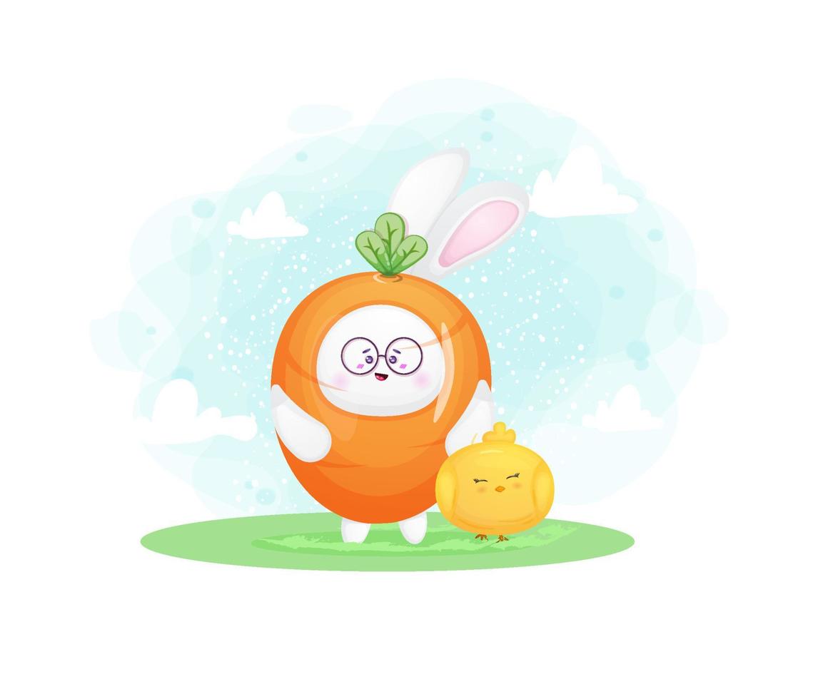 lindo conejito sonriente feliz disfrazado de zanahoria. Feliz Pascua vector