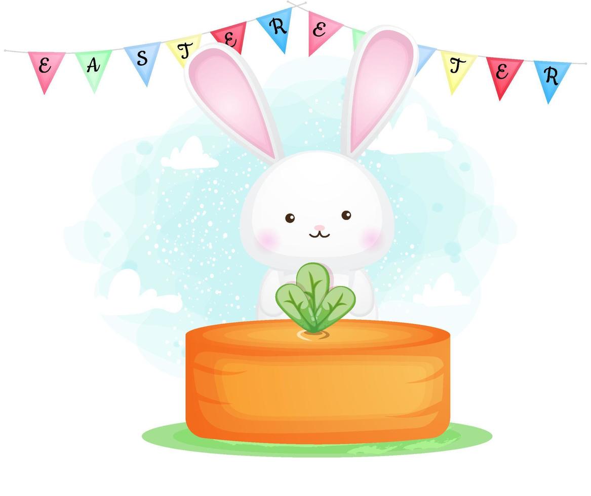 Cute bunny easter party with carrot cake. happy easter day vector