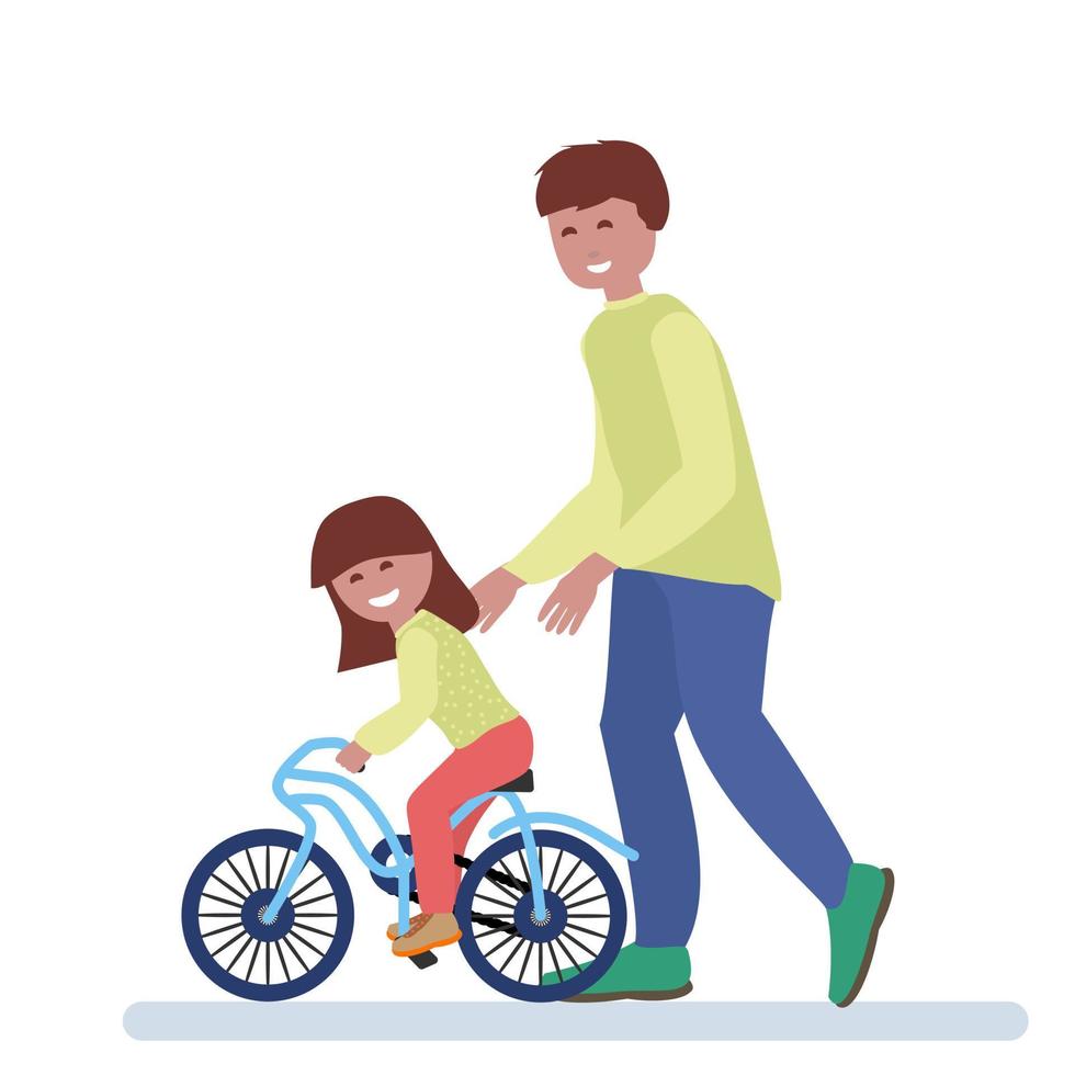 padre enseñando a su hija a andar en bicicleta ilustración vectorial vector
