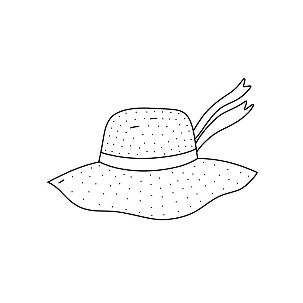 ilustración vectorial dibujada a mano de sombrero de playa. linda ilustración de un sombrero de protección solar en la cabeza sobre un fondo blanco en estilo de fideos. vector