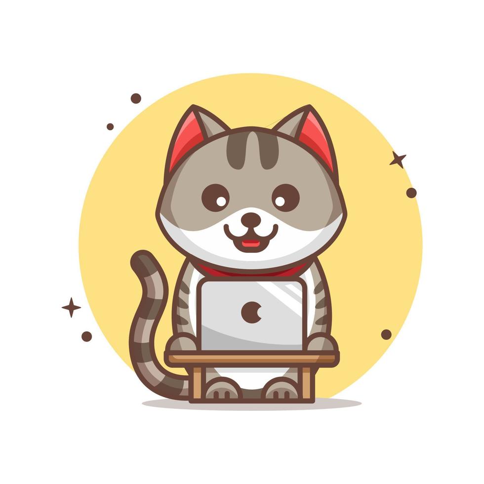 gato trabajando en la ilustración del icono del vector del portátil. gato y portátil, café, cactus, concepto de icono animal blanco aislado. estilo de caricatura plana adecuado para la página de inicio web, banner, pegatina, fondo