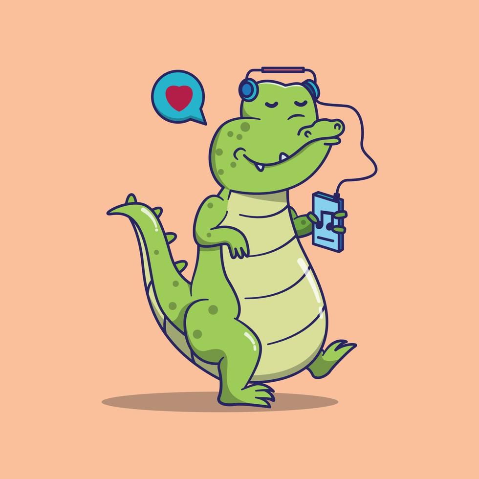 cute crocodile is walking and listening to music. suitable for children's books, birthday cards, valentine's day, stickers, book covers, greeting cards, printing. vector