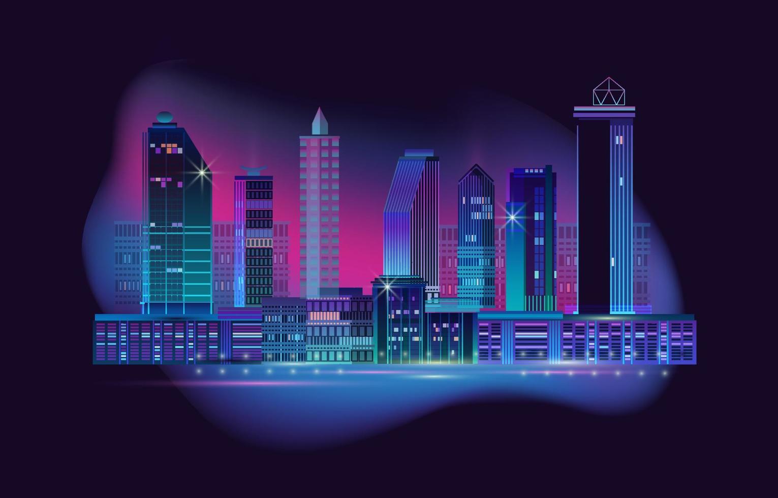 Night City Panorama with Neon Glow on Dark Background. Vector. vector