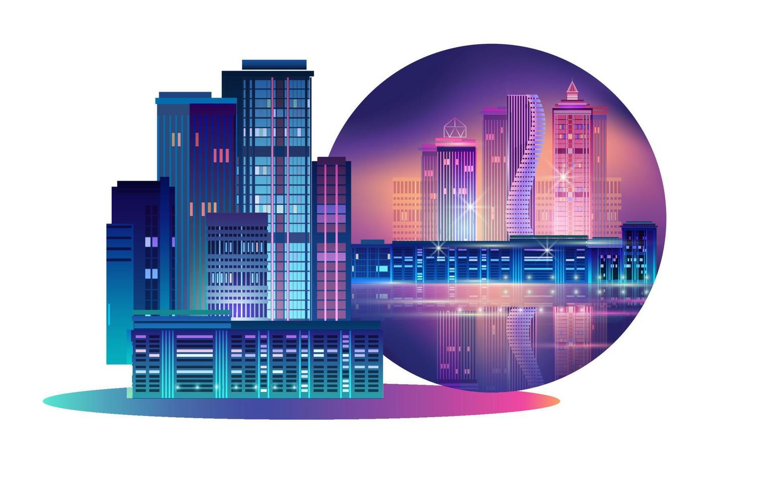 Night City Panorama with Neon Glow. Vector illustration.