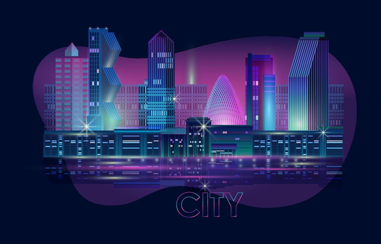 Night City Panorama with Neon Glow on Dark Background. Vector. vector