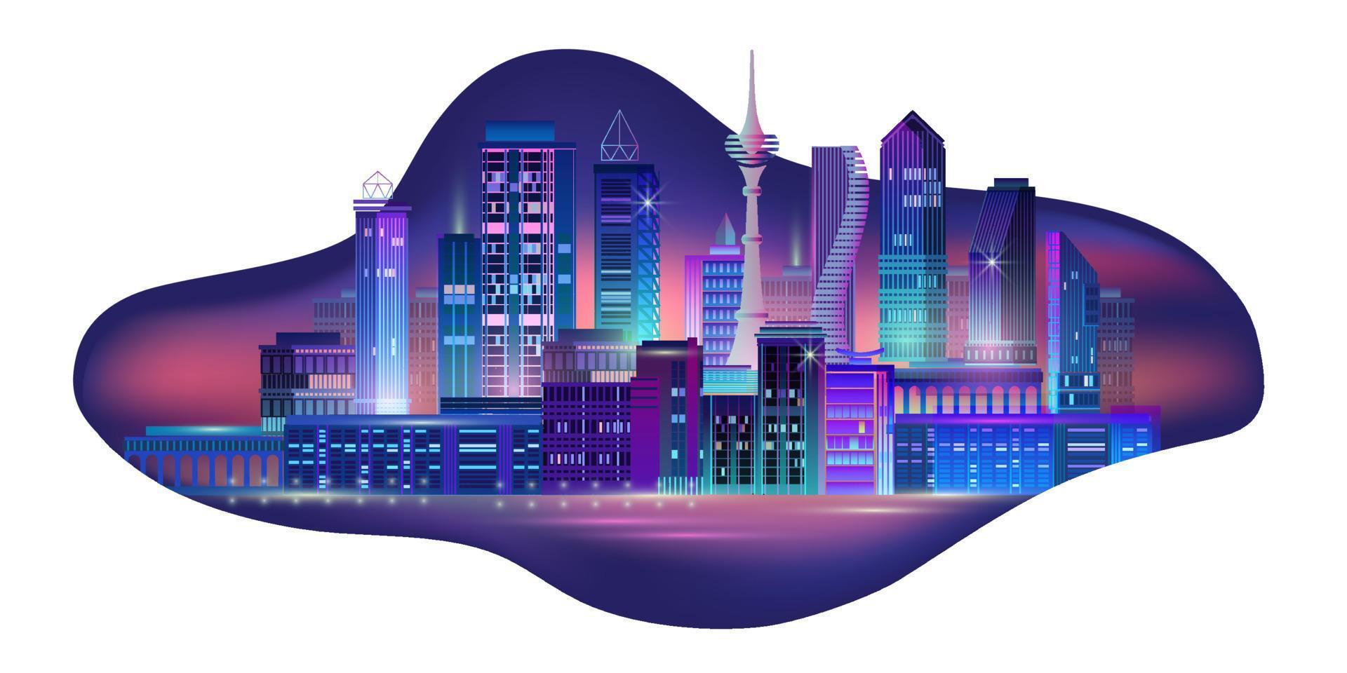 Night City Panorama with Neon Glow. Vector illustration.
