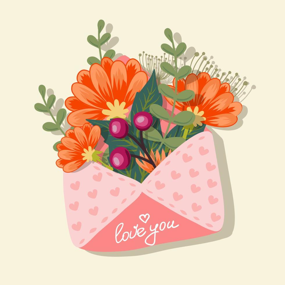 envelope with beautiful yellow flowers, calendula, grass for congratulations to loved ones vector