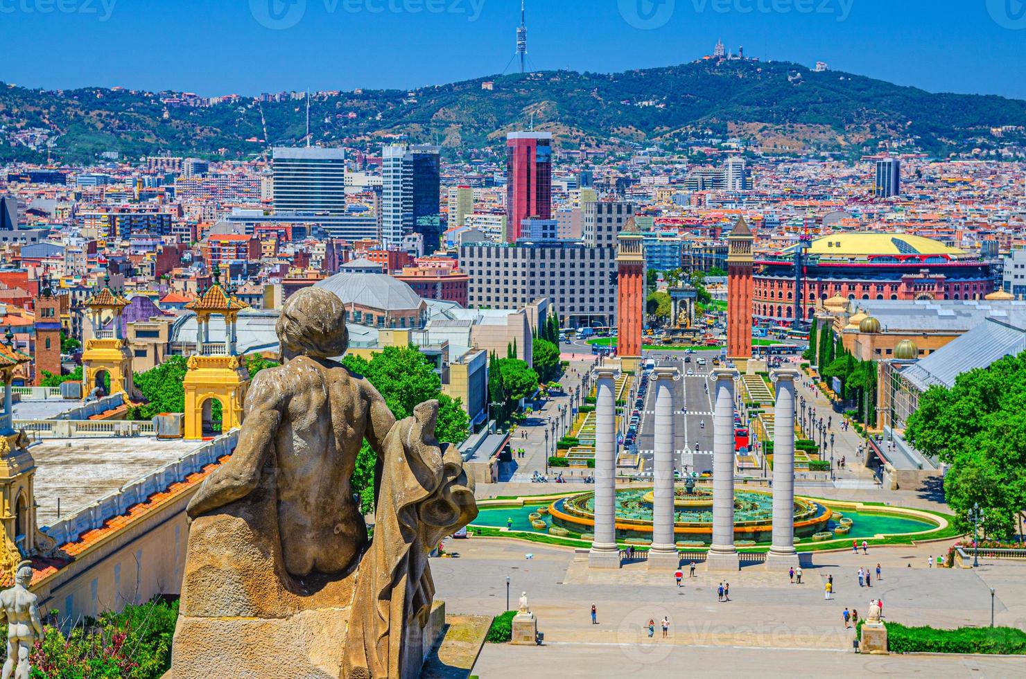 Cityscape of Barcelona with aerial view of Placa d'Espanya or Spain square with Torres Venecianes Venetian towers photo