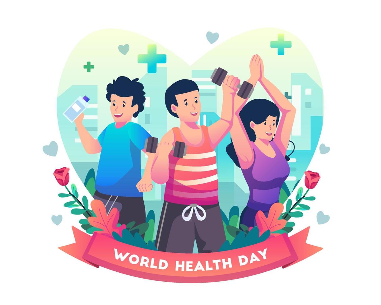 World Health Day illustration concept with People are exercising to stay healthy. Flat style vector illustration