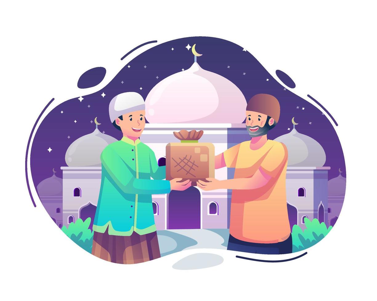 Young man giving food or zakat to an old man at Holy month Ramadan. People giving Almsgiving and charity. Flat style vector illustration