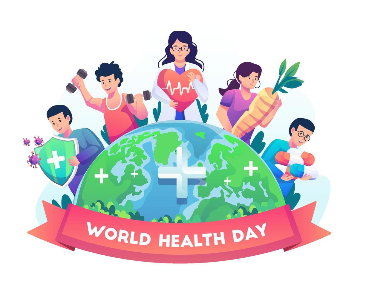 A group of diverse people around the world leading an active healthy lifestyle on World Health Day. Flat style vector illustration